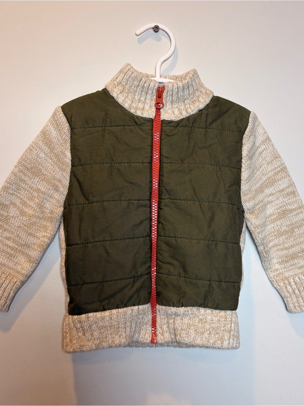 Cat & Jack Olive Quilted Jacket with Cream Knit Sleeves and Red Zipper